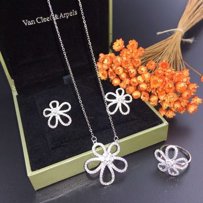 Van  & Arpels 18K White Gold Diamond Flower Earring with Necklace Ring Jewelry Set