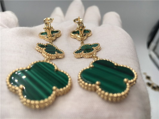 Paris Luxury Gold Brand VCA Magic Alhambra earrings 3 motifs malachite 18K yellow gold jewelry