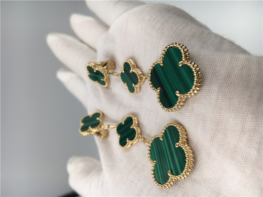 Paris Luxury Gold Brand VCA Magic Alhambra earrings 3 motifs malachite 18K yellow gold jewelry