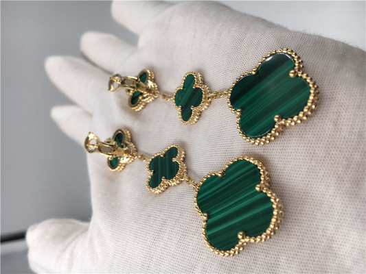 Paris Luxury Gold Brand VCA Magic Alhambra earrings 3 motifs malachite 18K yellow gold jewelry