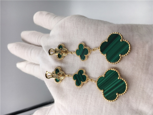 Paris Luxury Gold Brand VCA Magic Alhambra earrings 3 motifs malachite 18K yellow gold jewelry