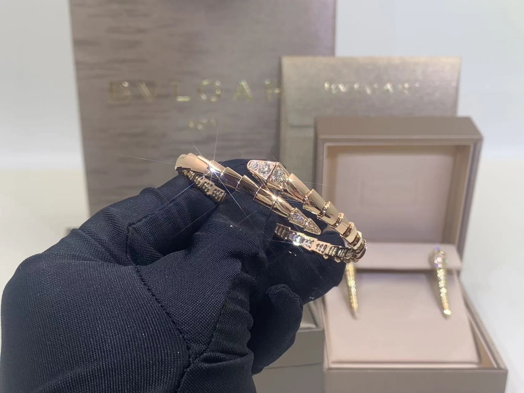  Serpenti Viper Double Layer Wrap Bangle Bracelet In18 Kt Rose Gold Set With Demi-Pavé Diamonds