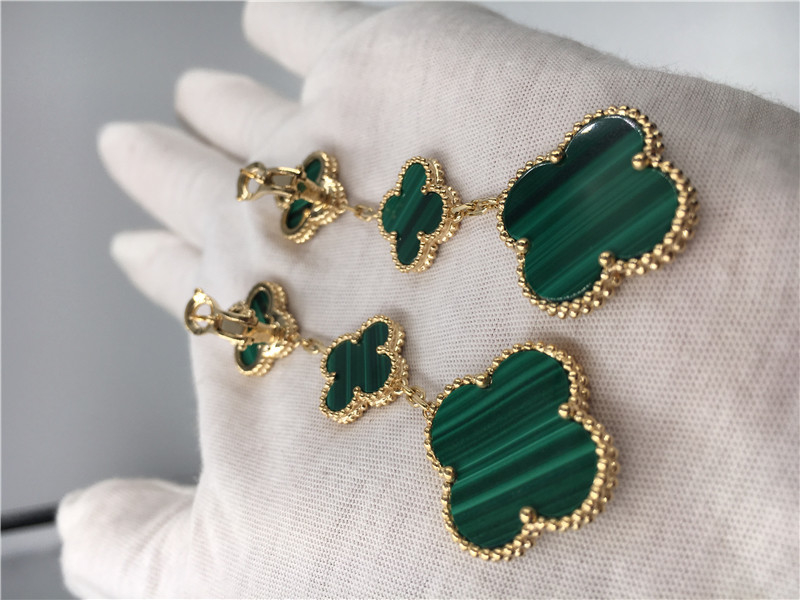Paris Luxury Gold Brand VCA Magic Alhambra earrings 3 motifs malachite 18K yellow gold jewelry